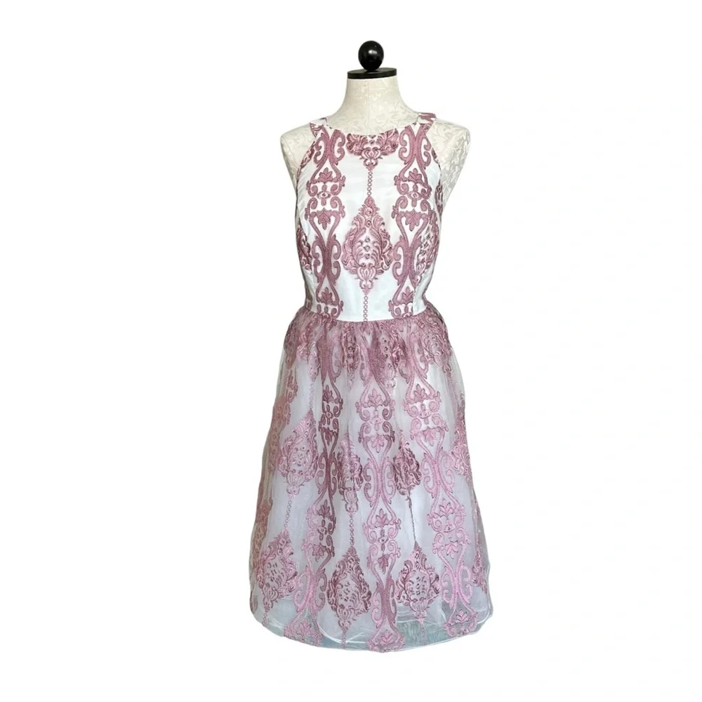 Chi Chi London NEW Pink Halter Dress Tulle Embroidered Overlay Damask Size 16 - Picture 15 of 16